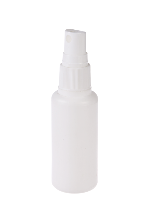 Botella de hombro redonda de 60-100 ml de PE con spray blanco